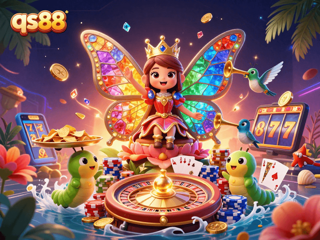 Experience the vibrant energy of qs88 with a butterfly queen and casino elements in a 3D illustration