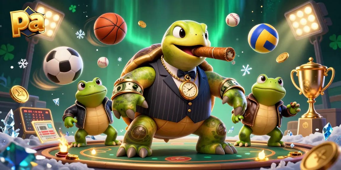 Engage players with thrilling sports betting at pa featuring a cartoon turtle and frogs.