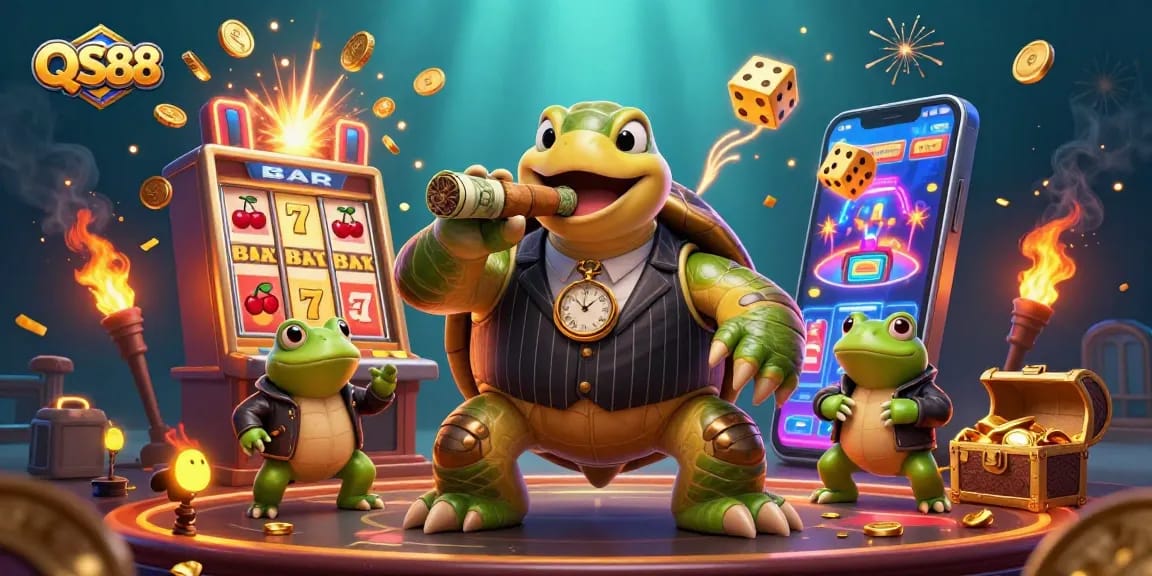 Experience vibrant wins at QS88 Casino with 3D characters celebrating a jackpot.