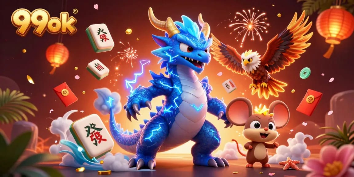 Experience 99ok with a thunder dragon and glowing characters in a dynamic casino atmosphere.