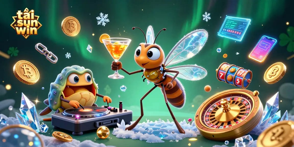 Experience vibrant gambling with tải sun win featuring a cartoon mosquito mascot and fossil DJ in an engaging casino scene.