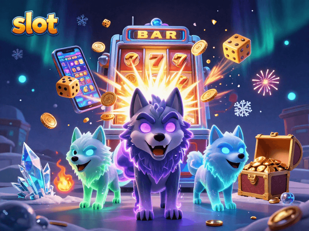 Experience exhilarating slot action with a dynamic scene of slot machine jackpots and enchanted wolves.