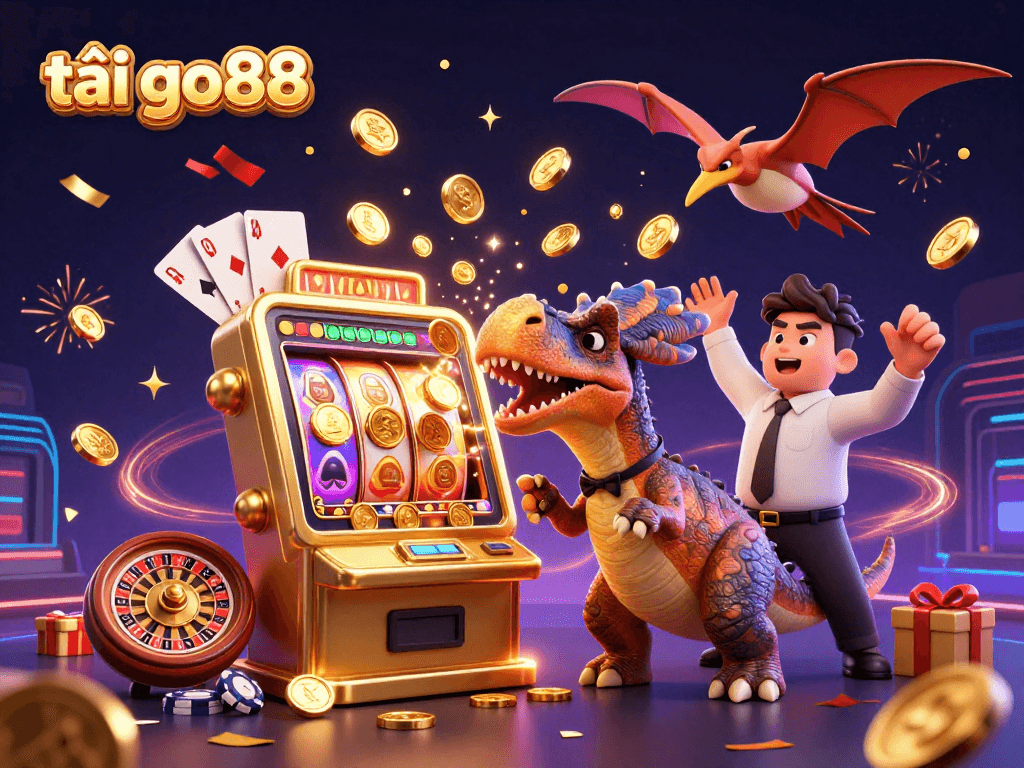 Spin the golden slot machine with tải go88 and catch flying coins in a vibrant casino scene.