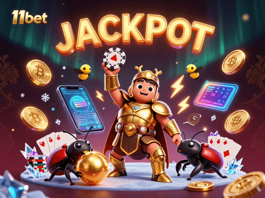 11bet showcases a victory scene with a beetle champion lifting a poker chip amidst glowing cryptocurrency elements