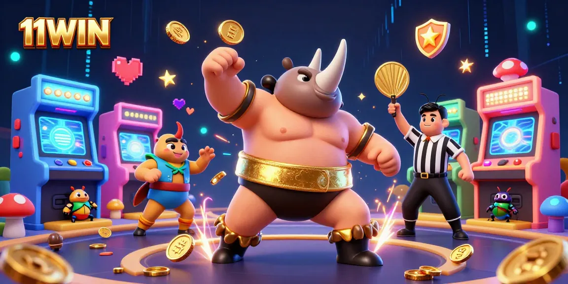 Engage with 11WIN's vibrant casino scene featuring a sumo beetle champion and thrilling arcade elements.