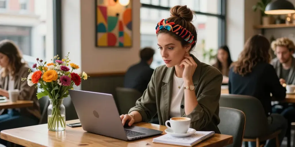 Stylish woman showcasing hair toppers in a vibrant urban café atmosphere.