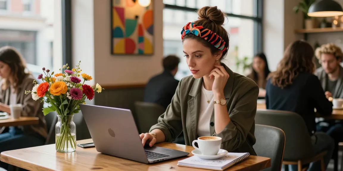 Stylish woman showcasing hair toppers in a vibrant urban café atmosphere.