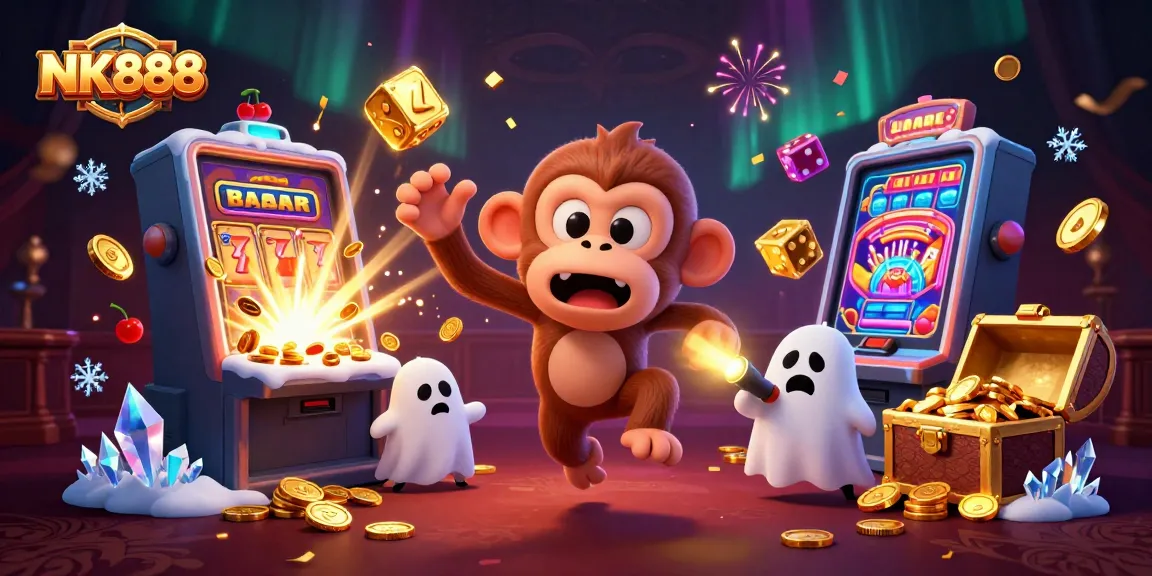 Experience thrilling jackpots at NK888 with a mischievous monkey juggling coins amid a haunted casino.