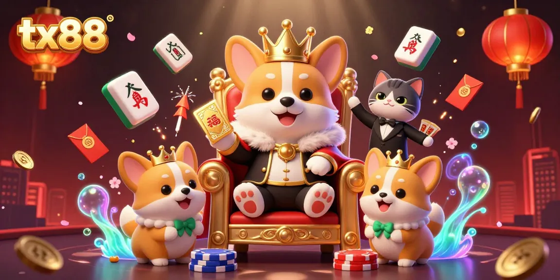 tx88 offers an exciting gaming atmosphere with vibrant elements and a royal corgi mascot.