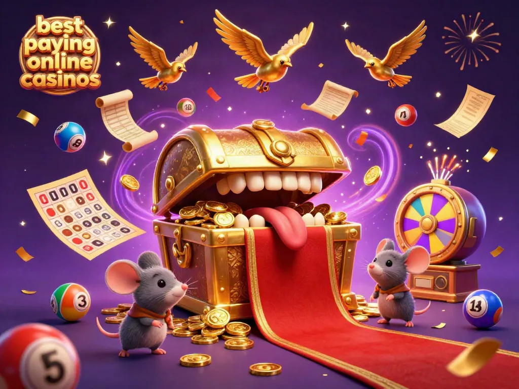 Experience winning with the best paying online casinos, featuring a treasure chest luring adventurer mice.