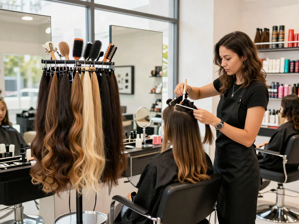 Professional stylist applying high-quality hair extensions in a chic salon.