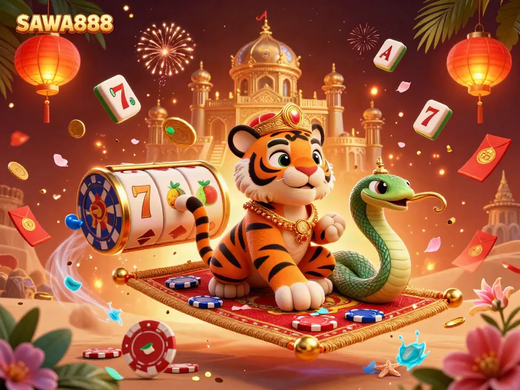 Engage with the vibrant world of SAWA888 featuring a flying carpet sultan and dynamic casino elements.
