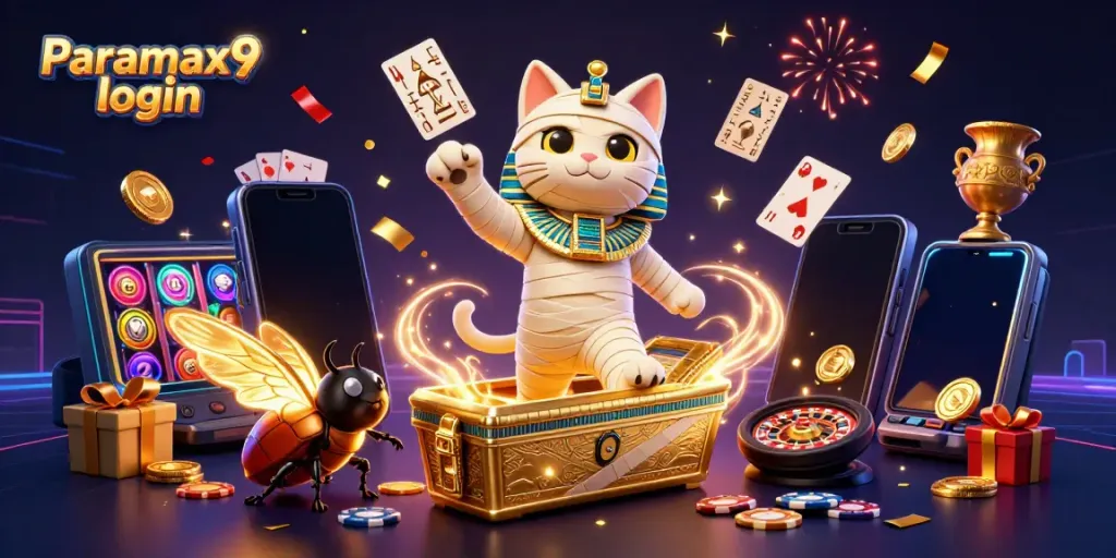 Experience the excitement of Paramax9 login with dynamic casino-themed characters and vibrant elements.