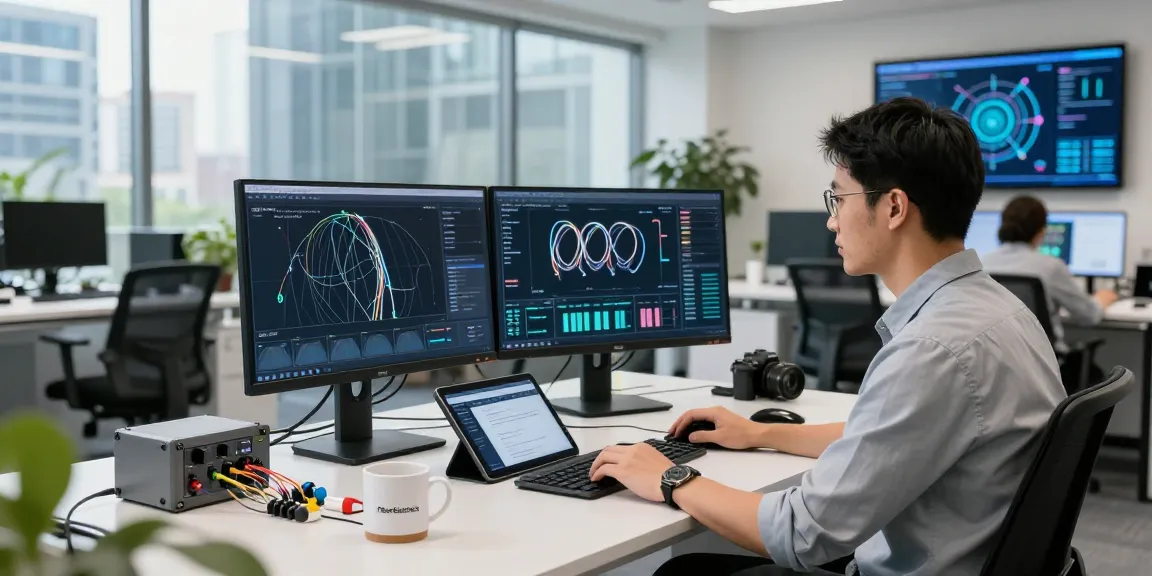 Engineer analyzing fiber optic network performance in a modern office.