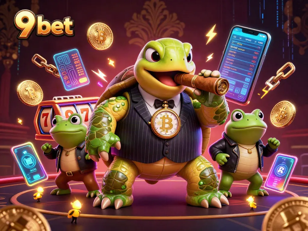 Experience thrill with 9 bet in a packed casino scene featuring a snapping turtle and bullfrog enforcers