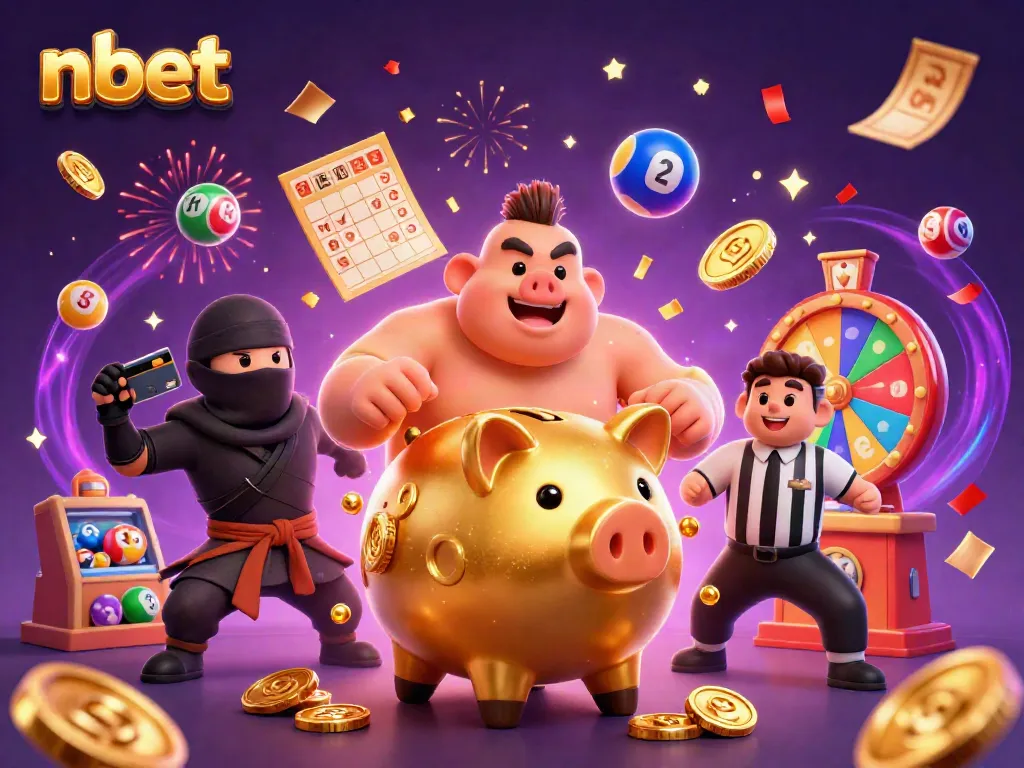Experience thrilling gameplay with nbet featuring a sumo wrestler piggy bank amidst a vibrant casino scene.