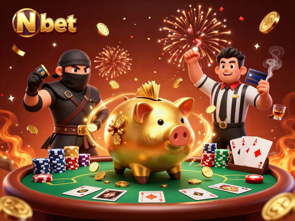 N bet gaming scene with a sumo piggy bank wrestling coins, showcasing poker chips and cards