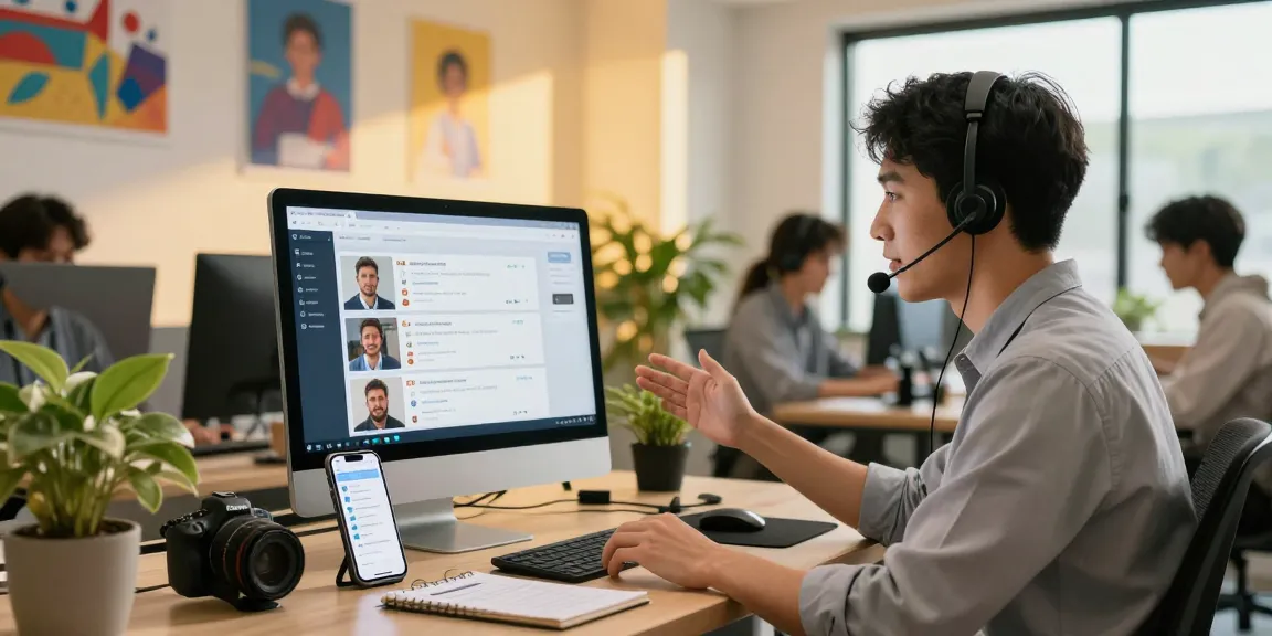 Customer service representative actively providing Hỗ trợ F168 support in a vibrant office setting, showcasing friendly interaction and teamwork.