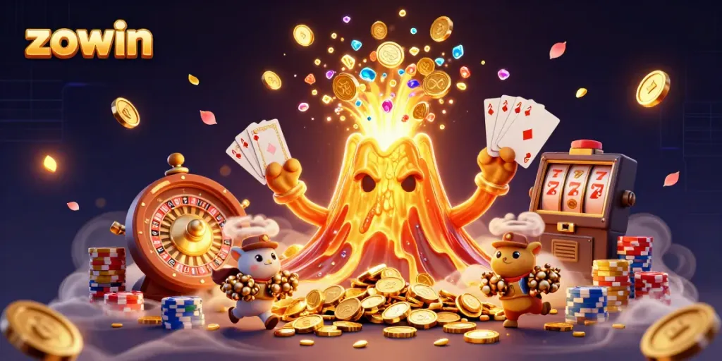 Zowin players delight in winning treasures under a golden volcano's eruption of coins and gems.