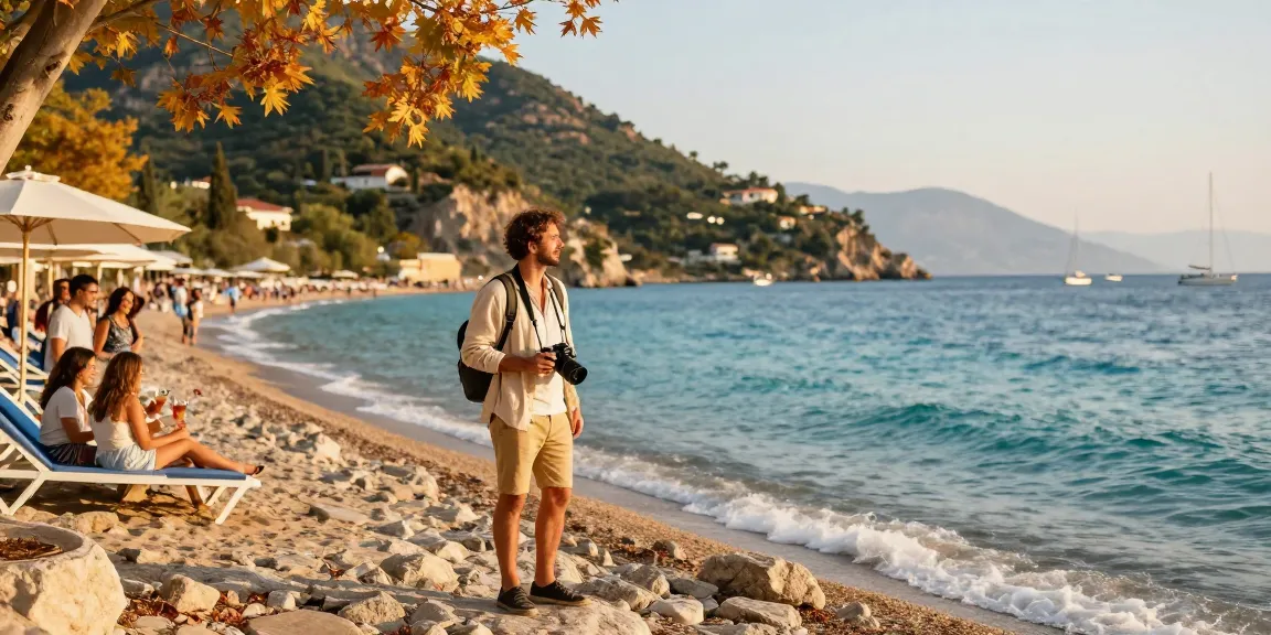 Experience Antalya weather in October with a traveler at a scenic beach, showcasing warm fall sunlight and vibrant Mediterranean views