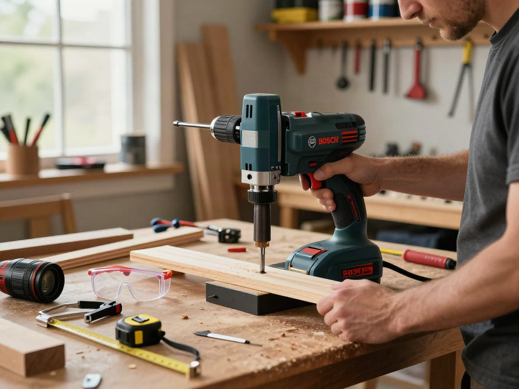 Bosch drill press in action, showcasing precision work in a home workshop environment.
