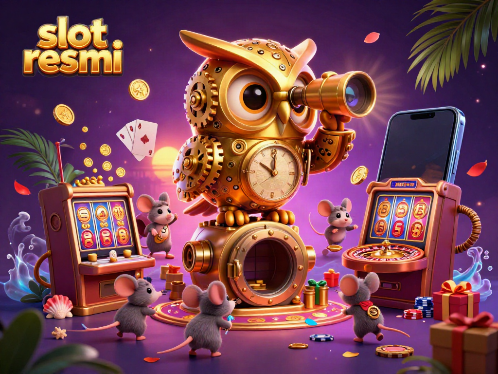Experience the excitement of slot resmi with a vibrant casino scene featuring a golden owl, slot games, and festive elements.