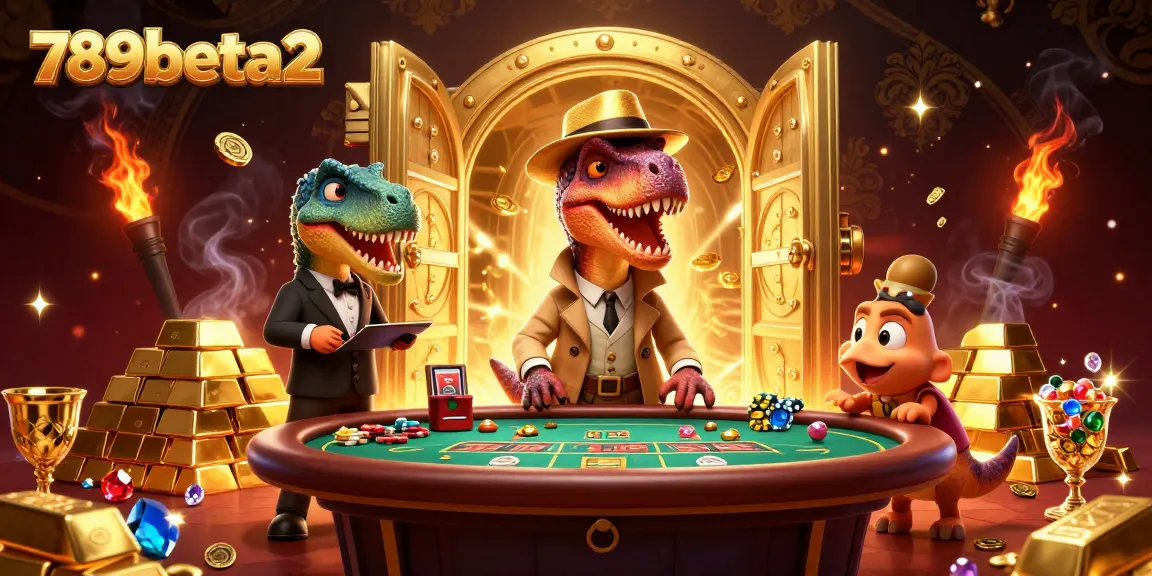 Engage with thrilling 789beta2 gameplay in a vibrant casino scene featuring a velociraptor card counter.