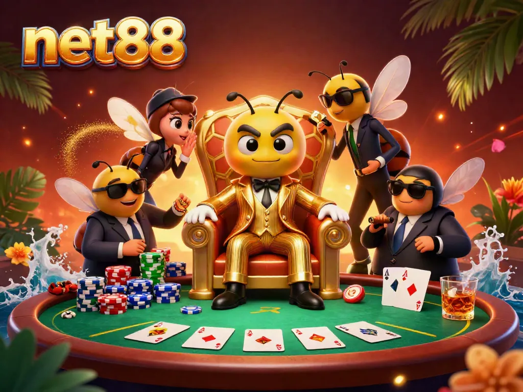 Bet on cards and chips in a vibrant net88 casino scene with characters creating a thrilling atmosphere.