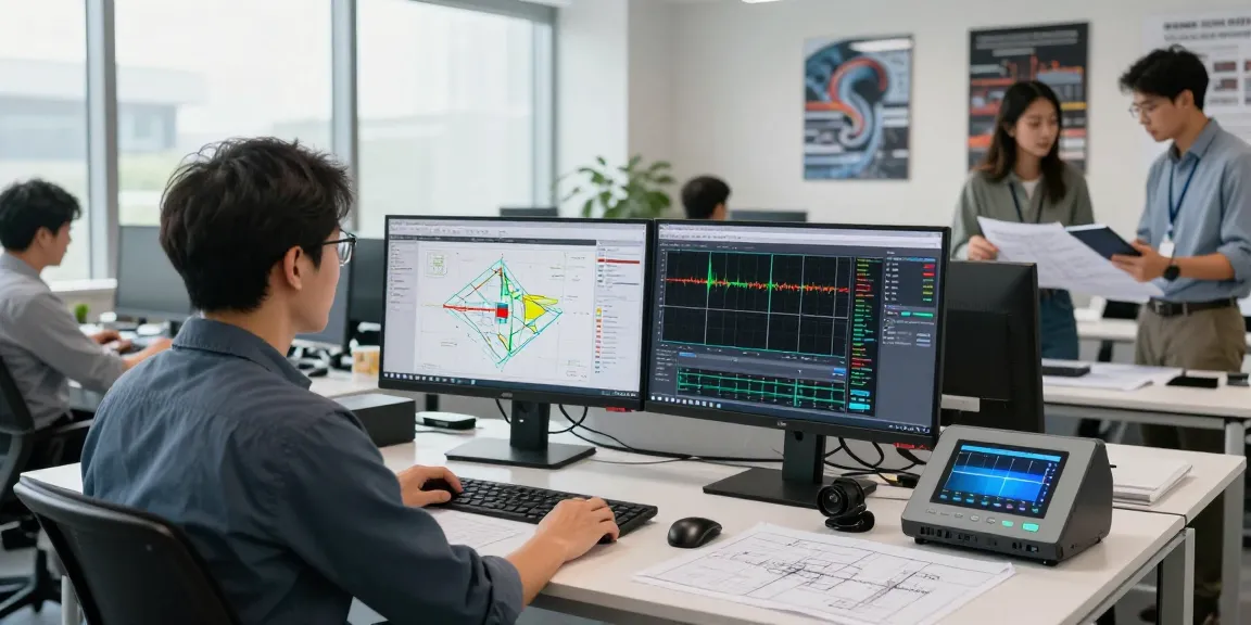Seismic Design Engineer USA analyzing structural models in a bright engineering office with collaborative elements.