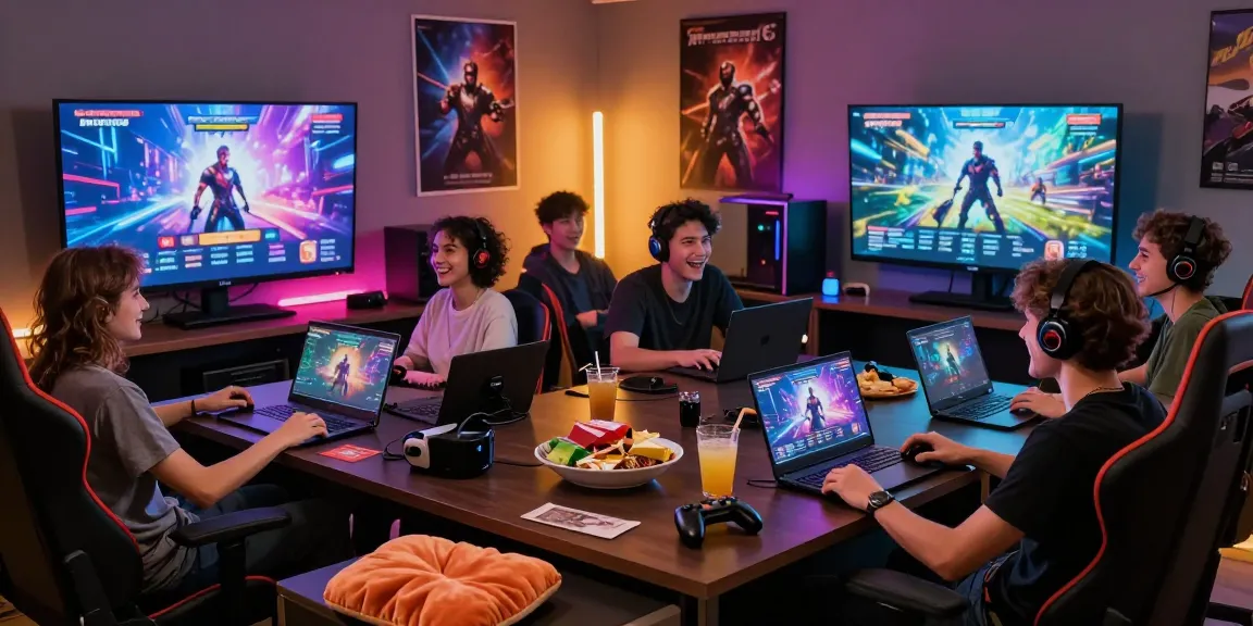 Engaging scene of friends playing free porn games together on multiple devices in a vibrant gaming lounge.
