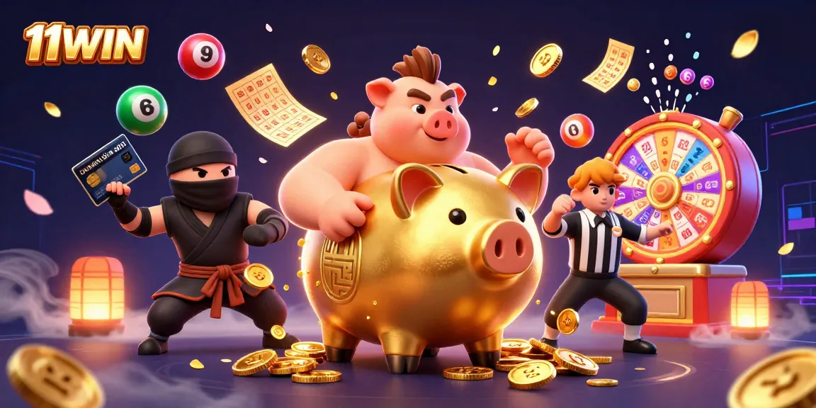 Experience wins with 11WIN in a vibrant 3D casino scene showcasing dynamic lottery elements.