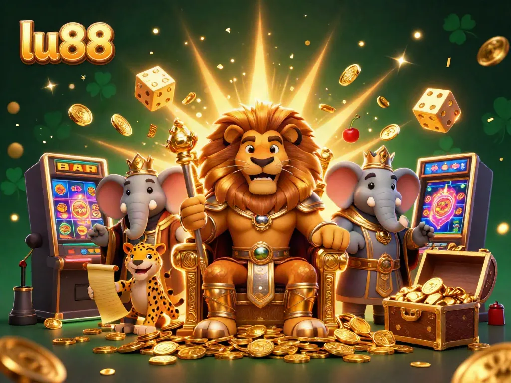 Experience thrilling gaming at lu88 with a cartoon lion king and vibrant casino elements.