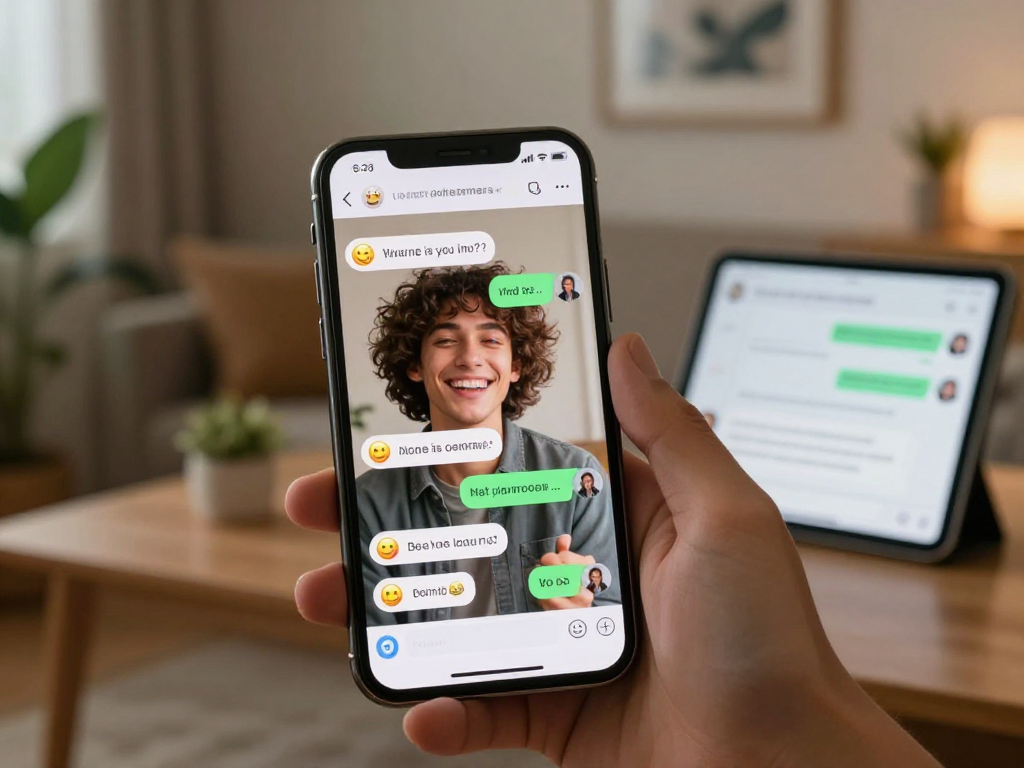 Engaging user interacting with AI sex conversation on smartphone in a warm home setting