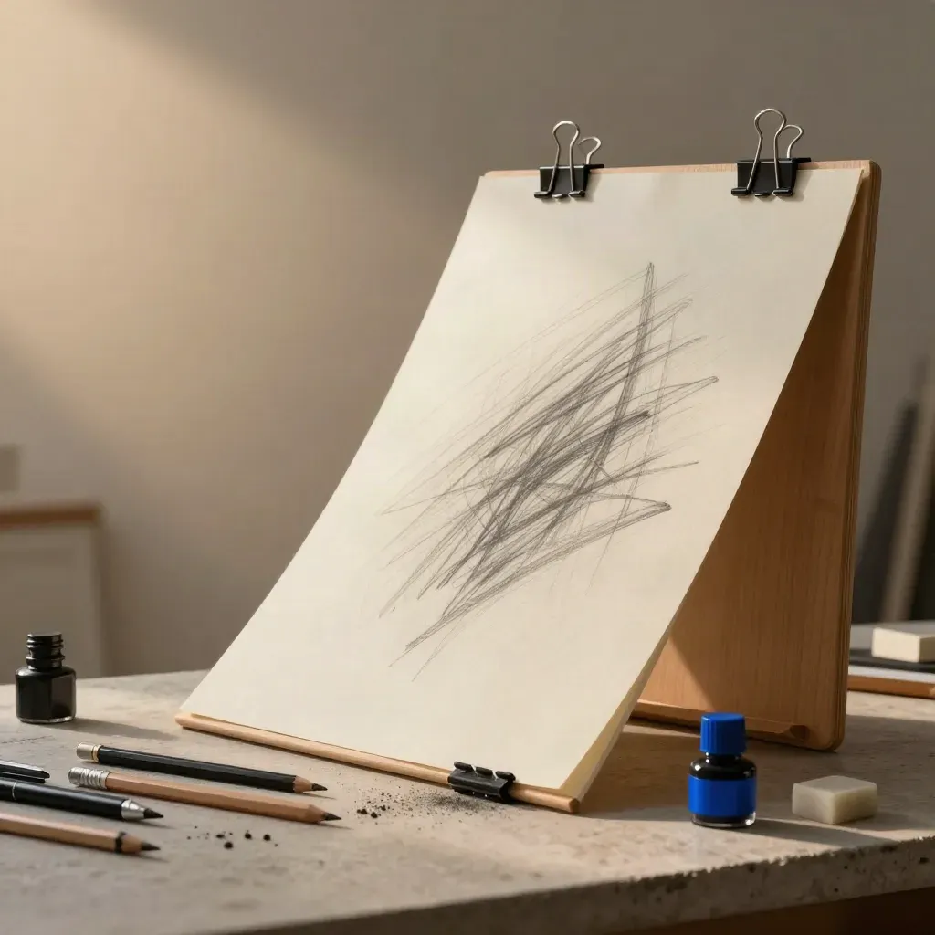 Maple sketch board with paper, pencils and ink bottle in soft pre-dawn studio light.