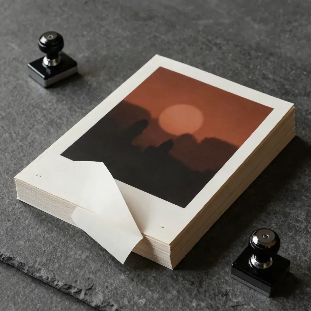 Overhead paper proofs and weights on dark stone with a curling sheet edge