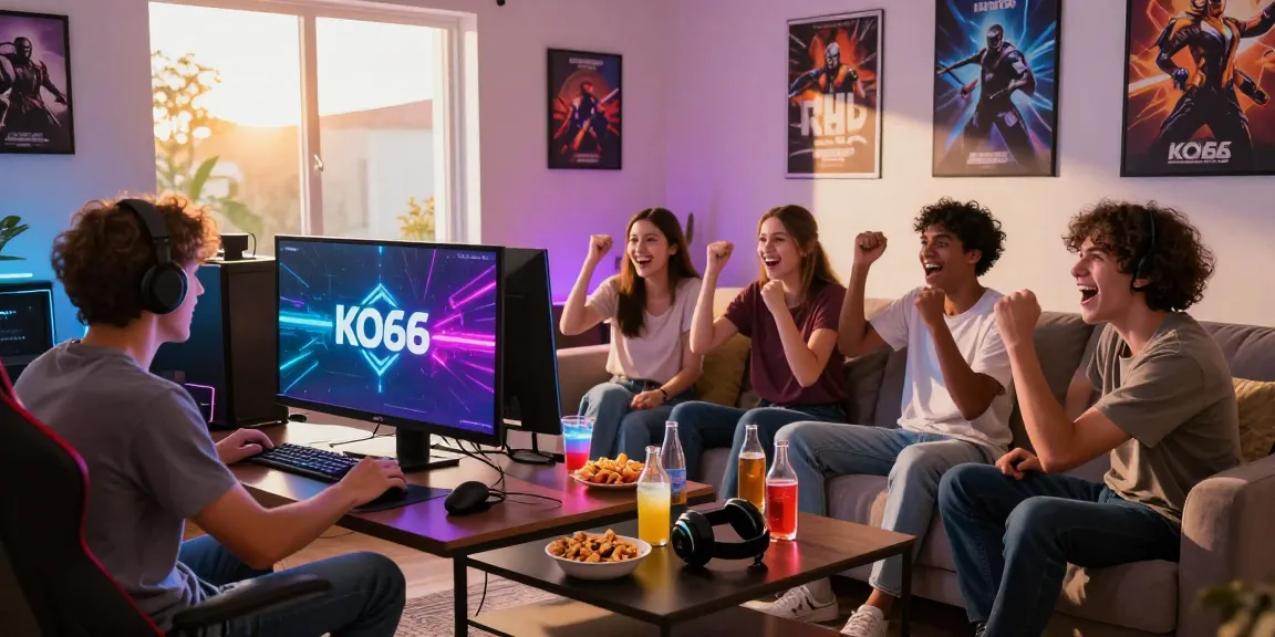 Exciting gaming scene featuring KO66 logo with friends engaging in a lively tournament.