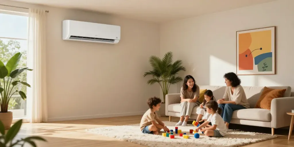 Cozy living room with mini split air conditioner providing comfort to family.