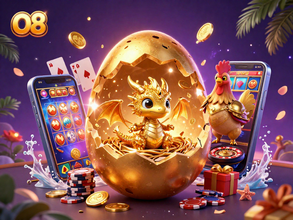 Experience O8 with a stunning golden dragon illustration amid casino elements.