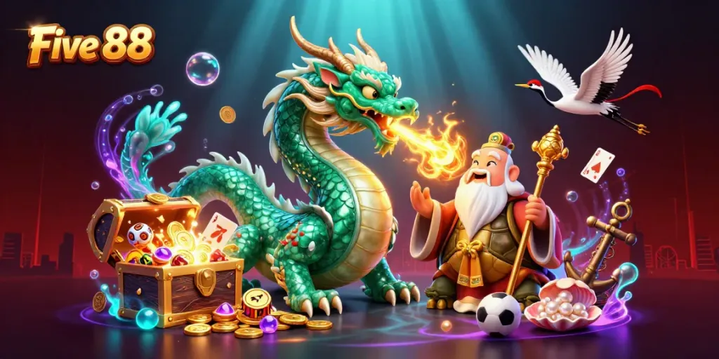 Catch the excitement of Five 88, a vibrant casino scene featuring treasures and gaming elements.