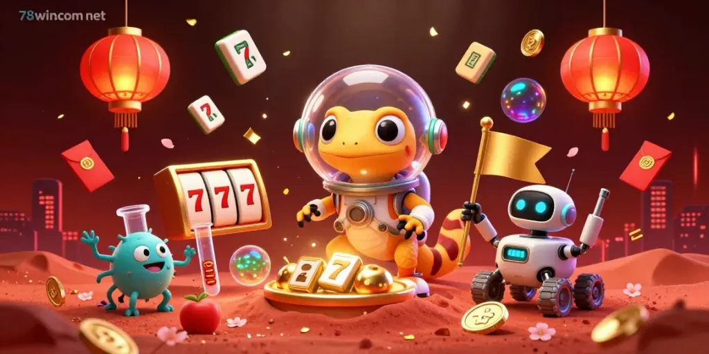 Spin and win at 78wincom net with a Martian gecko exploring a golden casino while surrounded by festive game elements.