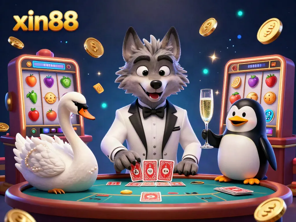 Experience the thrilling world of xin88 with a debonair wolf at a baccarat table surrounded by rich casino elements.