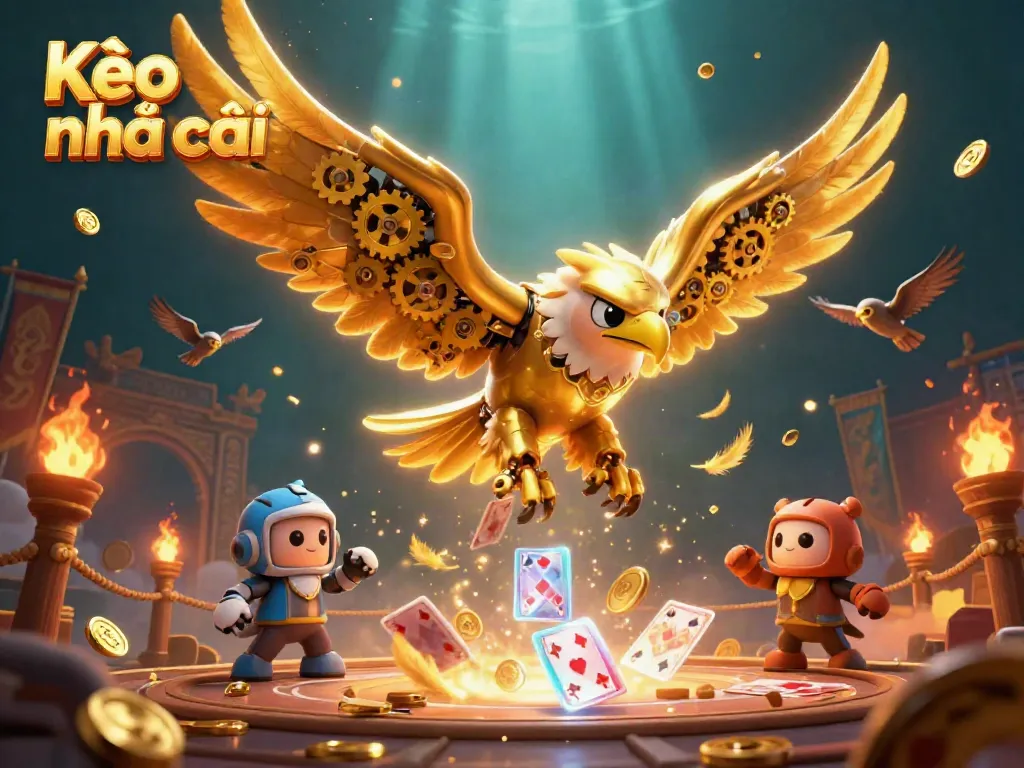 Experience Kèo nhà cái with a dynamic scene of a golden eagle diving through holographic playing cards.