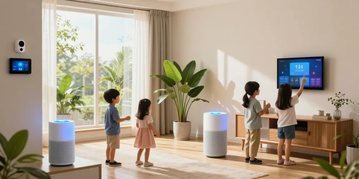 Family using smart home gadgets to control their environment in a modern living room.