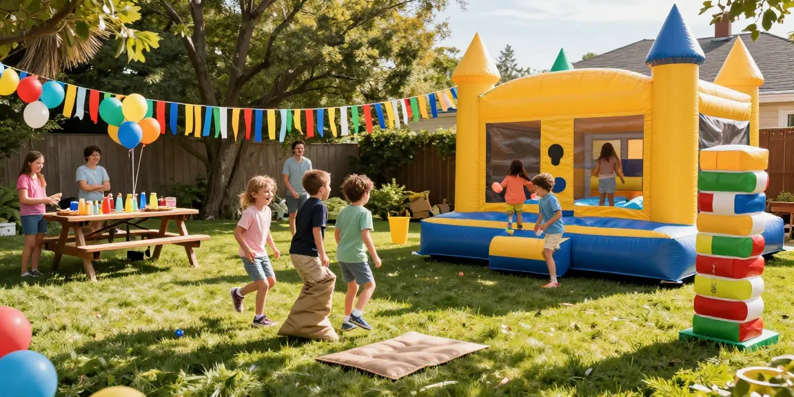 Bounce houses providing fun and laughter for kids at a vibrant outdoor party with parents supervising.