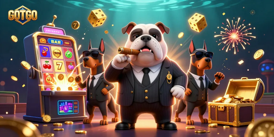 Boss mafia GOTOTO bulldog di samping bodyguard Doberman dalam adegan kasino yang meriah dengan jackpot dan harta karun.