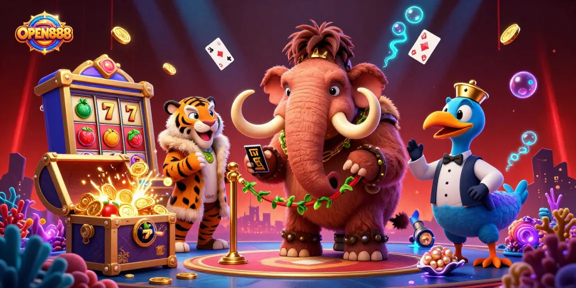 Experience the thrilling atmosphere of OPEN888 with our vibrant casino scene featuring a mammoth bouncer and underwater treasures.
