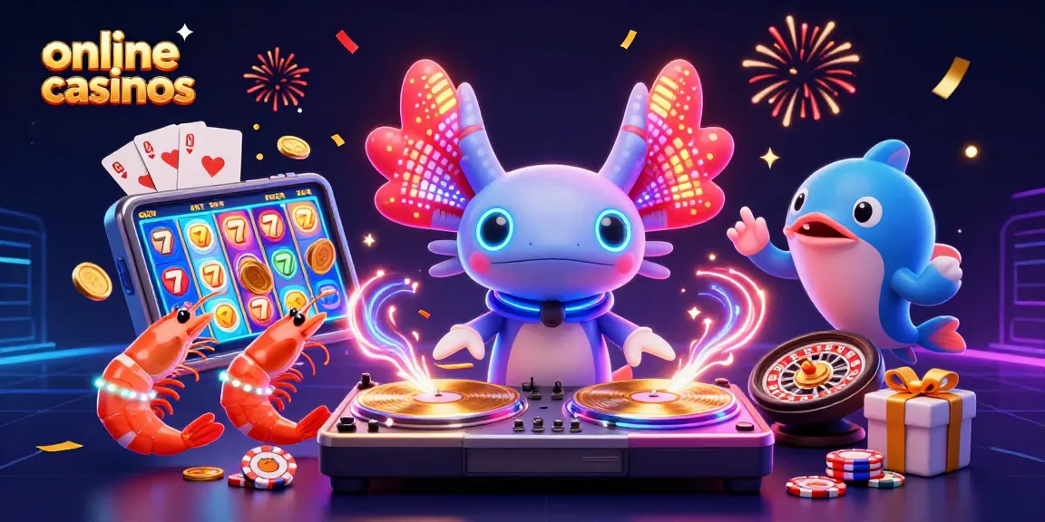 Engage in online casinos with a vibrant DJ axolotl, dancing shrimp, and exciting game elements.