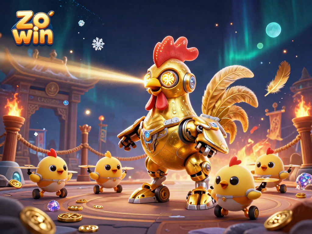 Engage with thrilling gameplay in Zo win's vibrant 3D illustration featuring a golden rooster robot and chick drones.