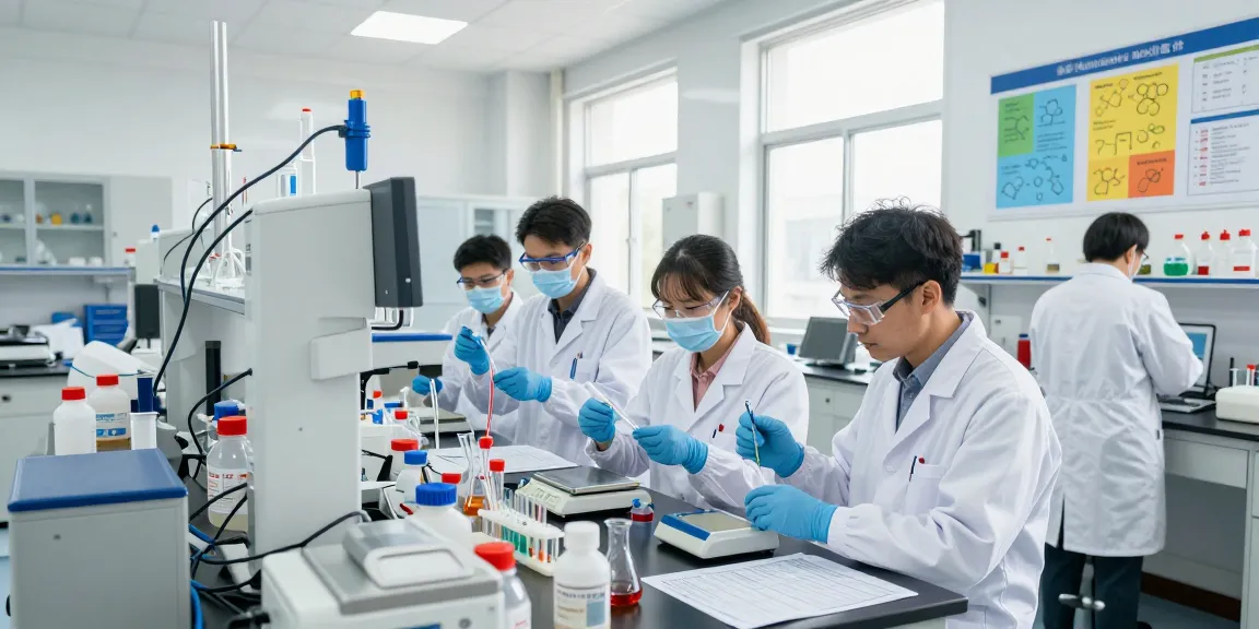 Innovative nitroethane supplier laboratory scene with professionals analyzing chemicals, showcasing high-quality laboratory standards.