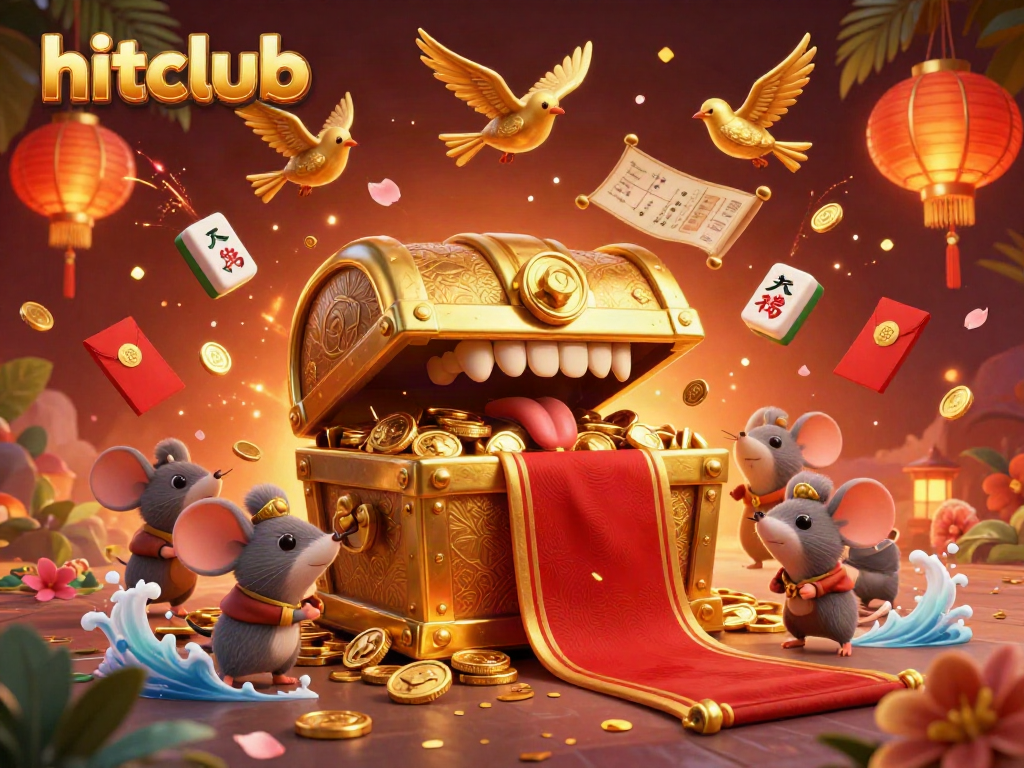 Engage in the hitclub experience with a golden treasure chest and vibrant casino-themed decorations.